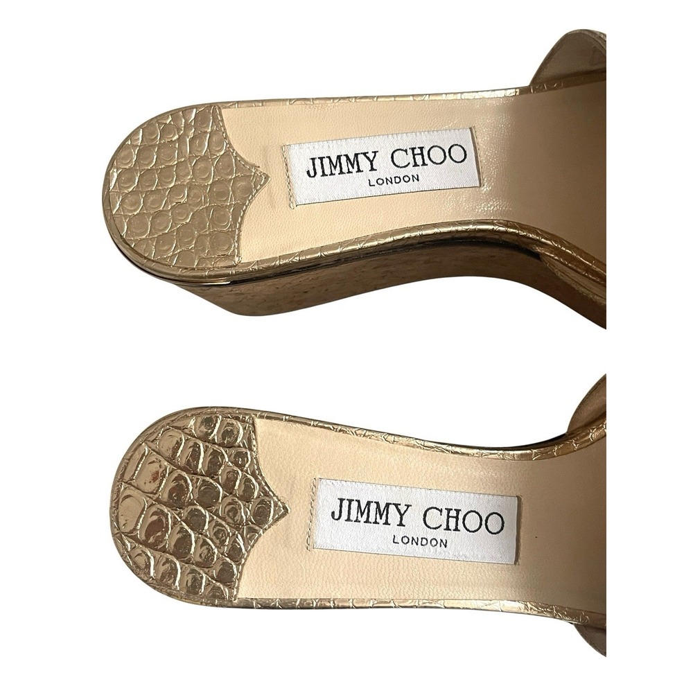 Jimmy Choo Deedee Metallic Cork Platform Sandals Gold Croc Embossed Glam Resort - Picture 9 of 15